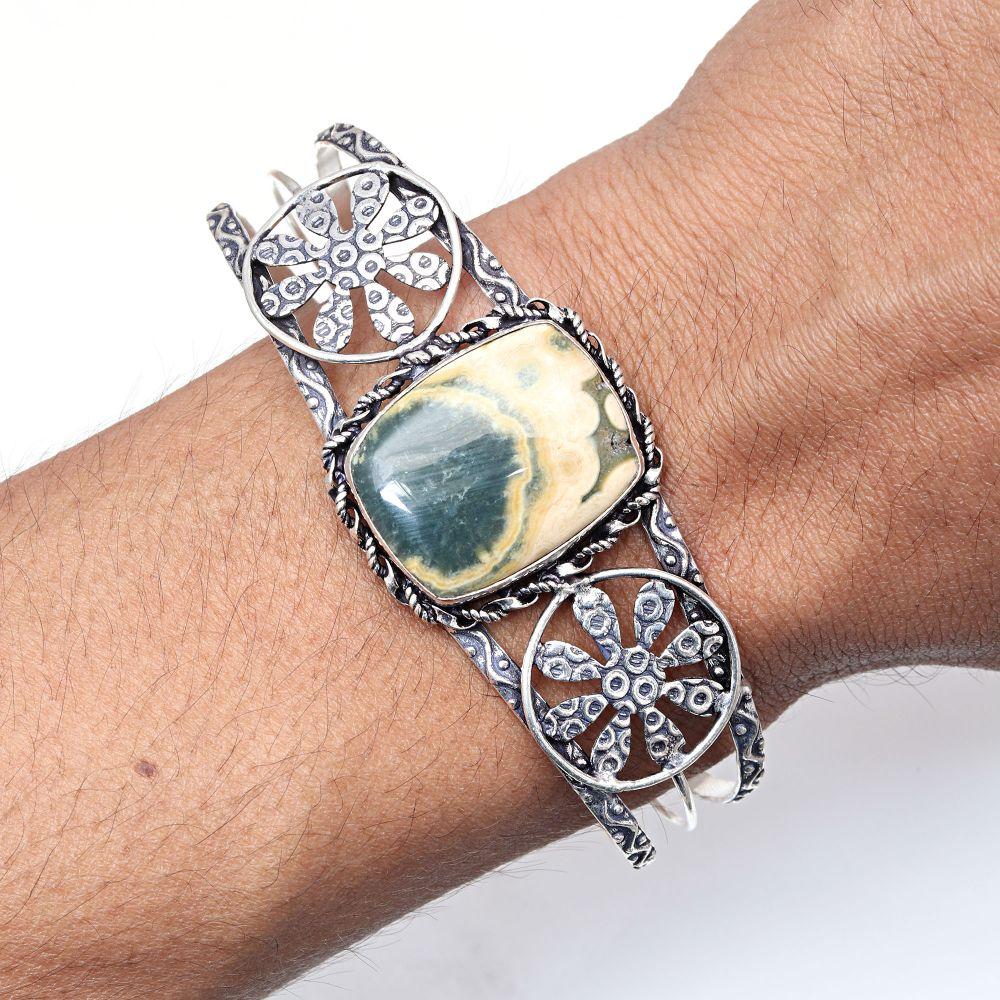 Ocean Jasper Gemstone Handmade Silver Jewelry Cuff Bracelets 7''Adjustable
