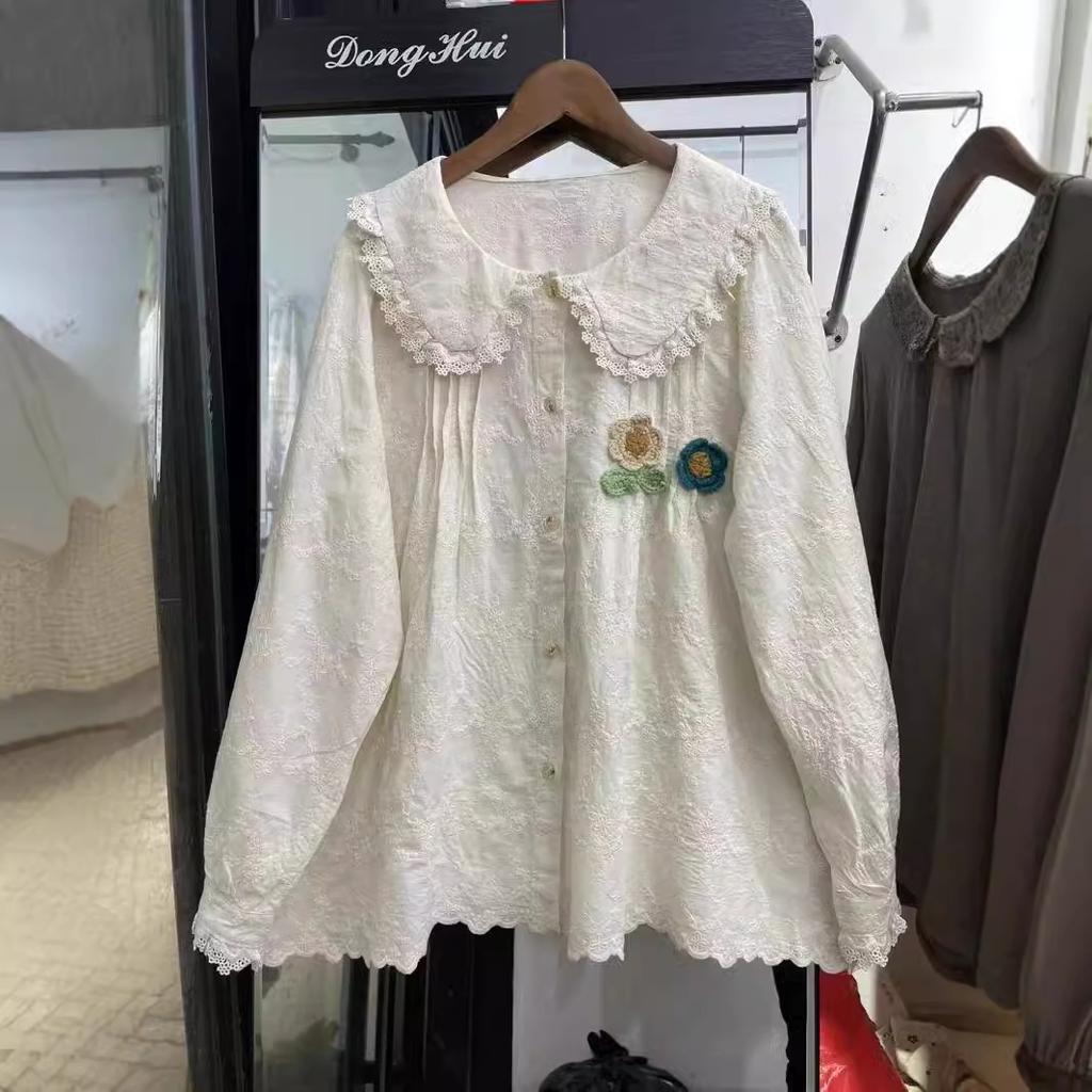 1116 Spring New Women's Lapel Japanese Cotton and Linen Shirt Loose Shirt Embroidered Mori Women's Long Sleeve Top
