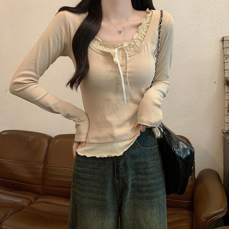 

{2 * 2 thread 220g} Korean long-sleeved t-shirt women s autumn thin new fake two-piece bottoming shirt u-neck top L