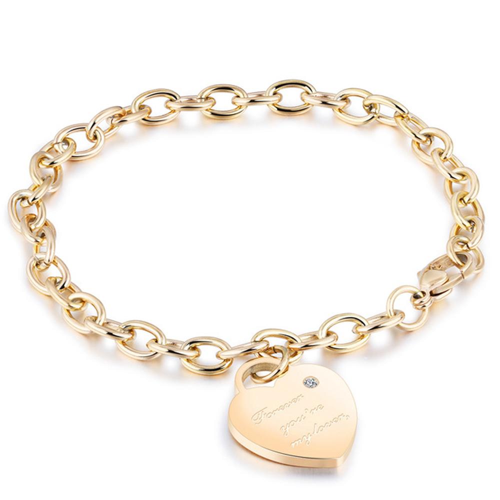 

Stainless Steel Love Heart Bracelets For Women Party Gift Fashion Joyas de Chain Charm Bracelets Jewelry Text Engraved 18cm