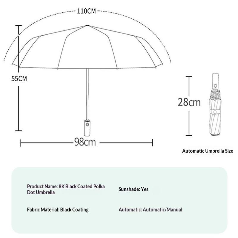 Parapluie Pliant à Pois Revêtement Noir Anti-UV Imperméable Parfait Pour le Trajet Quotidien et les Voyages