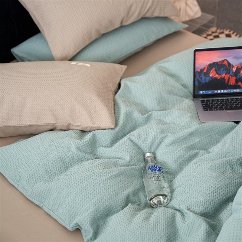 Class A, Maternal And Infant Grade Cotton Double-Layer Yarn 4Pcs Set, Pure Cotton Dormitory 3Pcs Set, Solid Color Bed Sheet Waffle Single Quilt Cover