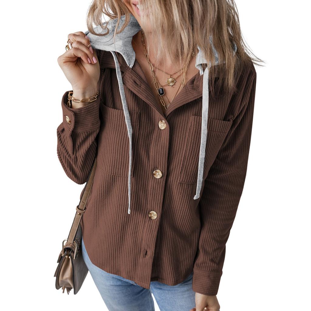 IHUASU Autumn Winter Lapel Buckle Cardigan Purse Hooded Drawstring Striped Coat for Women