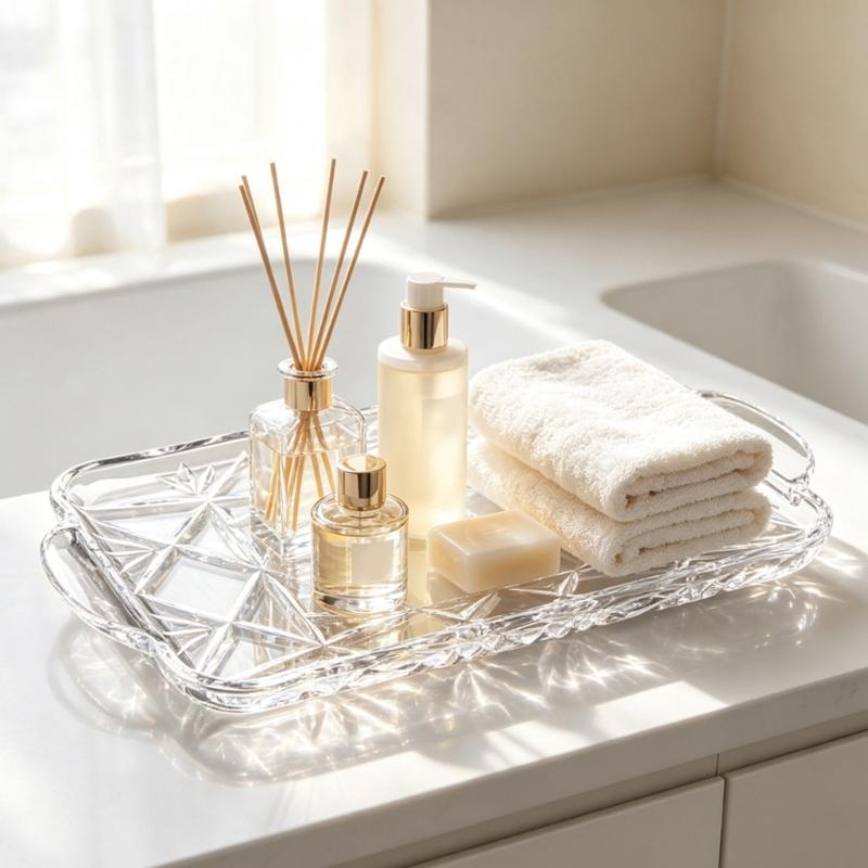 Rectangular Crystal Serving Tray Platter Decorative Tray with a Clear Body, Faceted Pattern and Raised Border for Arranging and Presenting Household