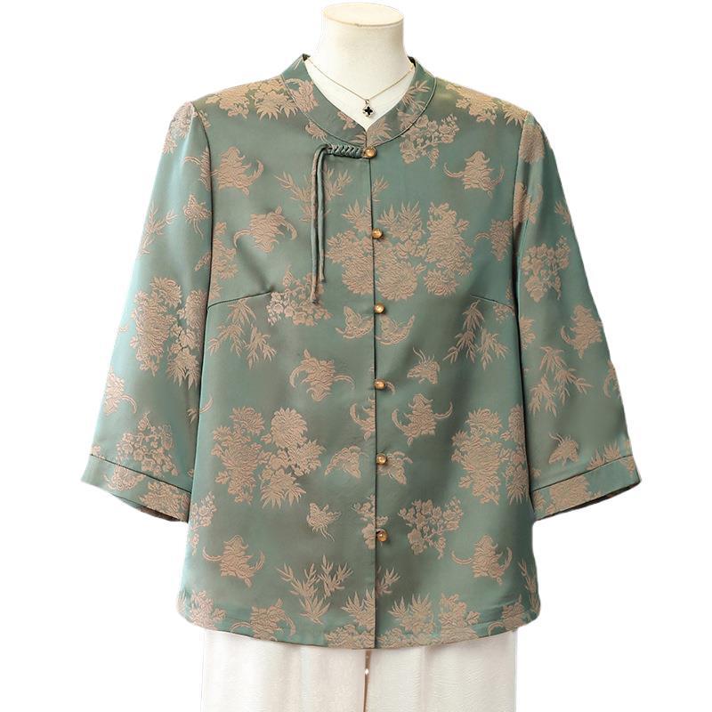 Elegant Seven-Sleeve Chinese Style Top for Women - Loose Fit, Printed Design, Perfect for Middle-Aged and Elderly Mothers or Grandmothers