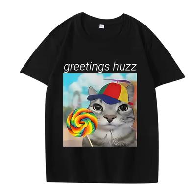 Lässiges Rundhals-T-Shirt mit Greetings Huzz Print T-Shirt Herren Damen Oversized 100% Baumwolle Kurzarm Sommer Unisex Oberteile