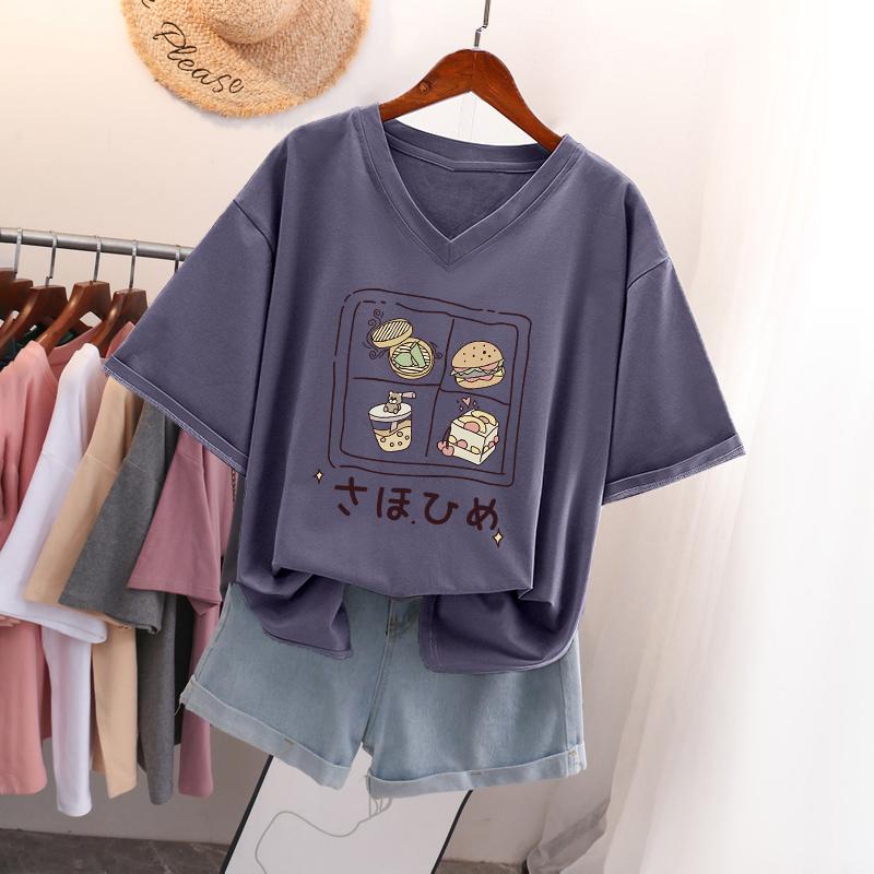 Short-sleeved T-shirt for Women, Large Size, Loose and Slimming, Printed V-neck Top