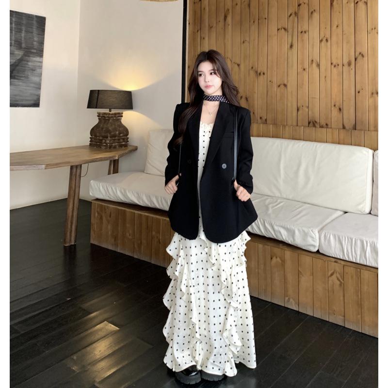 Elegant Plus Size Polka Dot Dress & Black Cardigan Set - Women's Spring/Summer Slimming Style