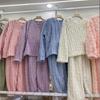 Women's Cute Cartoon Round Neck Flannel Pajamas - Warm Striped Coral Fleece Homewear Set for Autumn and Winter