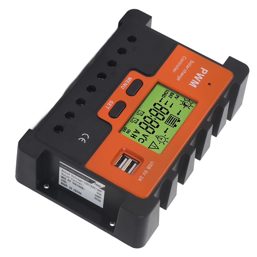 Regolatore Solare PWM 50A 12V 24V 48V Selezione Manuale Carica a 3 Stadi Regolatore di Carica Solare con 2 USB per Camper 5V