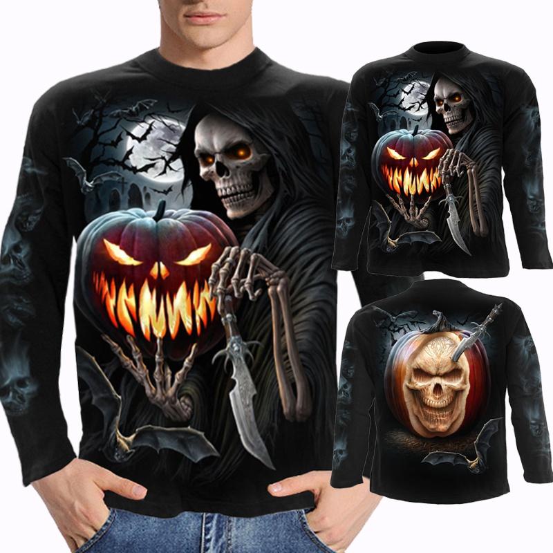 Herren Langarm T-Shirt Gothic Totenkopf Drache Wikinger 3D Druck Halloween Tägliche Party Oberteile