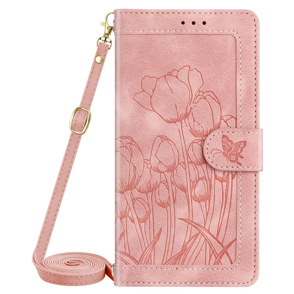 Applicable To iPhone17E Leather Case, Samsung S26 Tulip Matte Embossed Insert Card Diagonal Span Protective Case S25edge