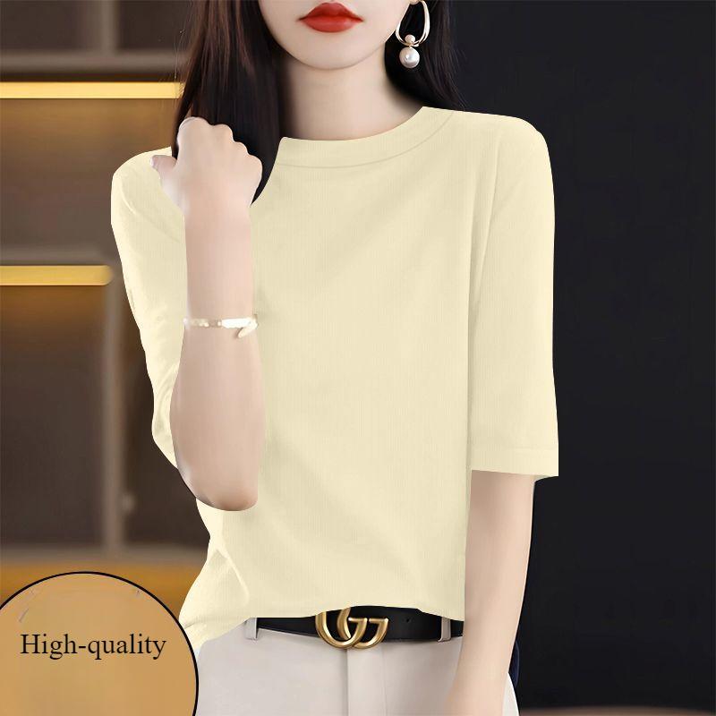 Summer Women's Threaded T-shirt  Slim Simple High-stretch T-shirt Solid Color Round Neck Half-sleeved Knit T-shirt