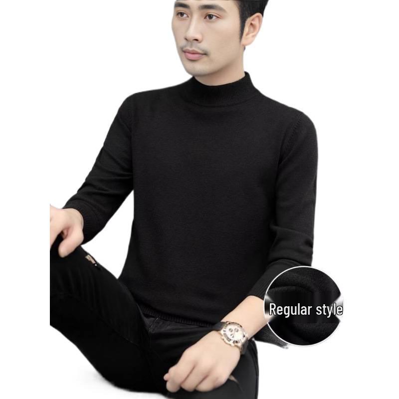 Men's Thick Knit Wool Sweater - Half-High Neck, Warm Base Layer for Autumn & Winter
