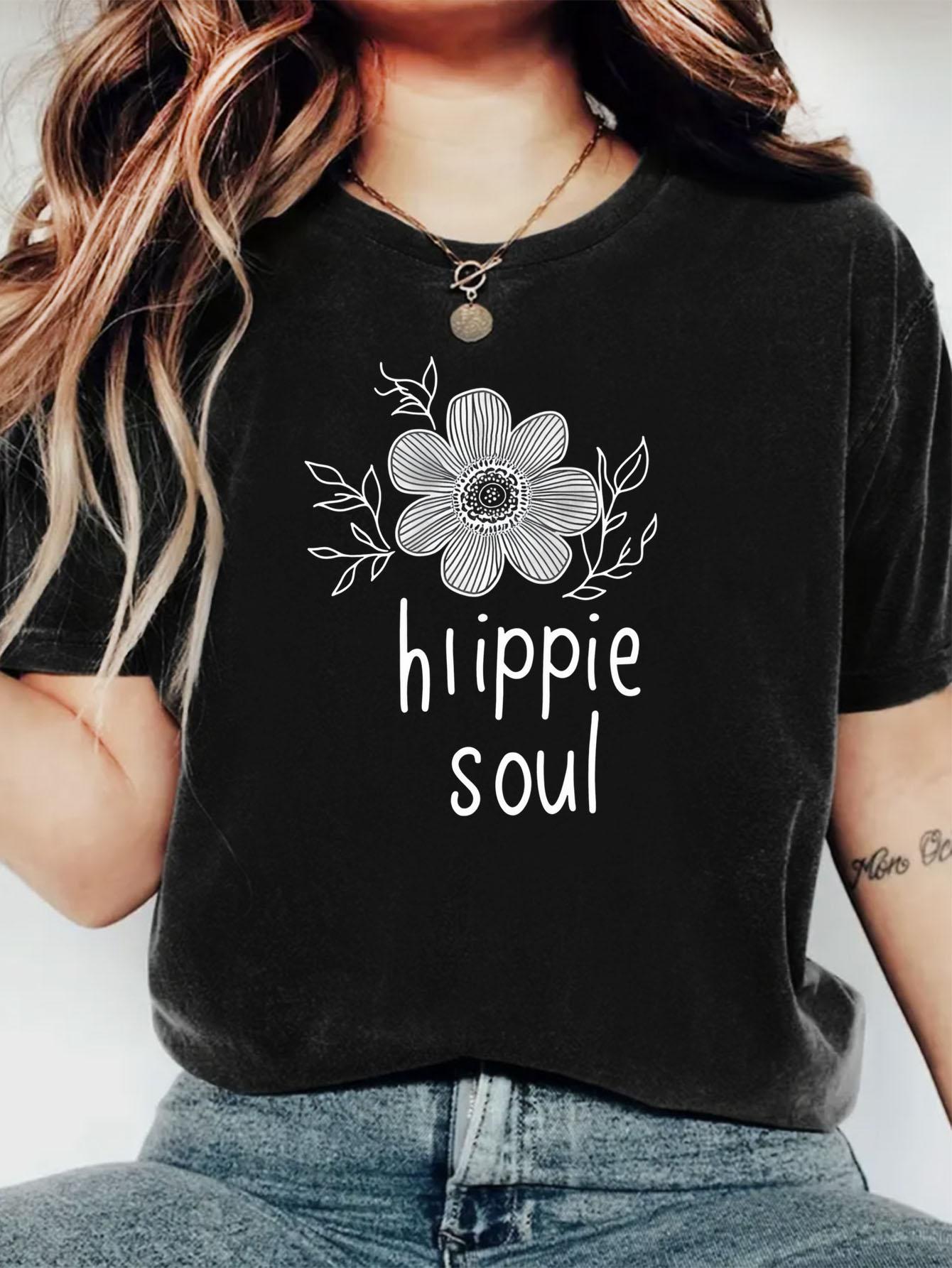 

Women s Hippie Life Printed Crew Neck T Shirt, Women s Casual Short Sleeve Top, Suitable Round Neck Top for All Seasons S чёрный