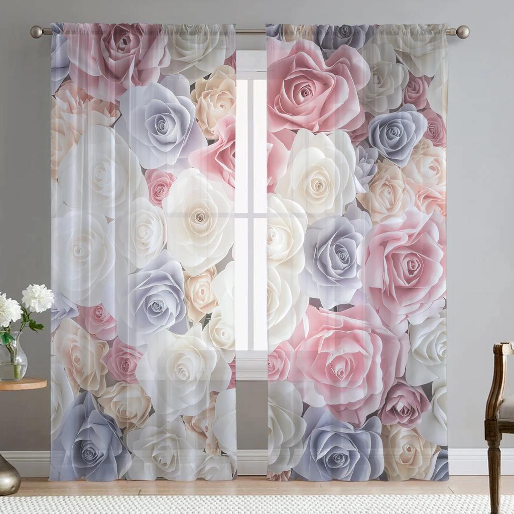 Romantic Rose Floral Yellow Flowers Voile Curtain Living Room Home Kitchen Green Leaves Butterfly Window Tulle With Sheer Polyester Perfect For