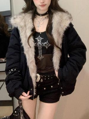 Winter New Elegant Liner Fur Loose Coat Women Y2k Fur Collar Hood Thick Fashion Parkas Casual Outerwear Cotton Padded Jackets