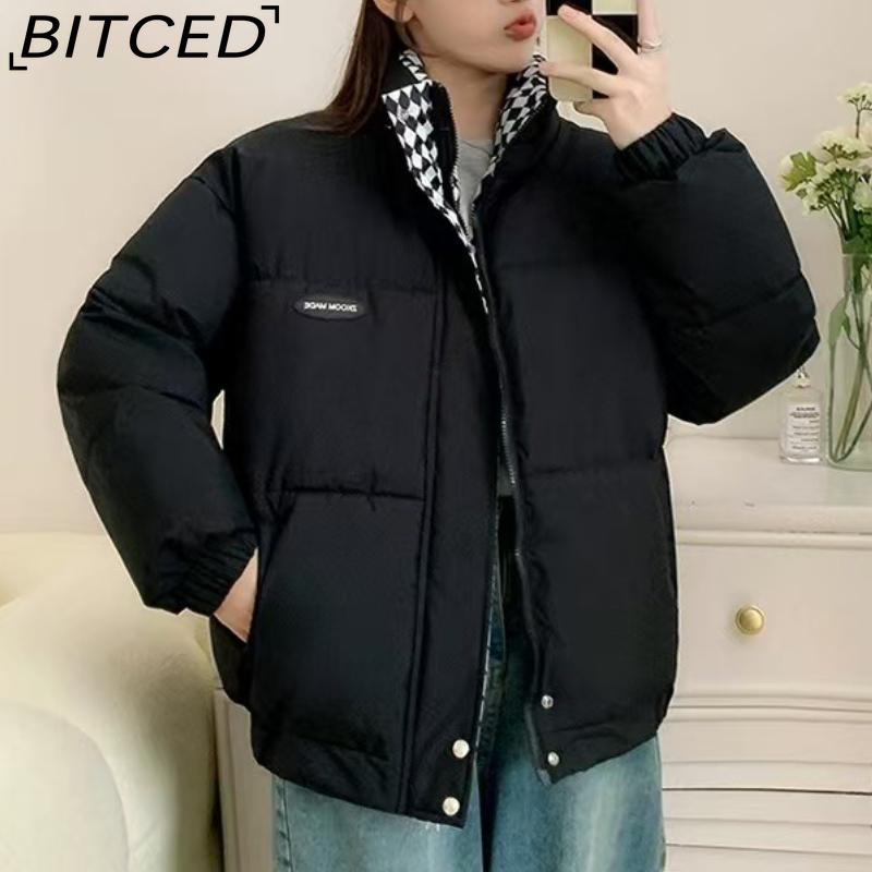 BITCED Stylish Niche Checkered Pattern Thickened Puffer Jacket for Women Mid-Length Winter Cotton Coat