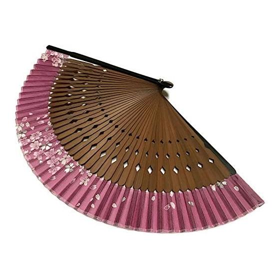 Kanzashi Silk Folding Fan for Women with Pouch, Cherry Blossom Pattern, Carved Ribs, Purple, 21.5cm