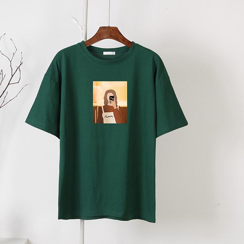 Hirsionsan Koreanska grafiska T-shirts Dam Sommar Casual Lös O-hals Kortärmade T-shirts Kvinnliga vintagetryckta 100 % bomull Toppar