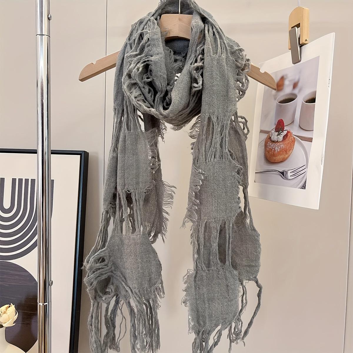 

[Soft Vintage Scarf] Lightweight Soft Vintage Black Tassel Scarf for Women | Acrylic Blend Fringe Shawl for All Seasons, Perfect for Layering Or As a серый