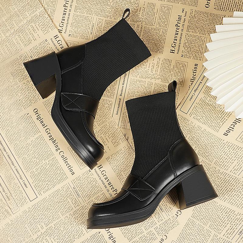 Fashion Women Ankle Boots Splicing Knitting Genuine Leather Thick Heels Shoes Woman Office Lady Working Basic Autumn Winter 2024