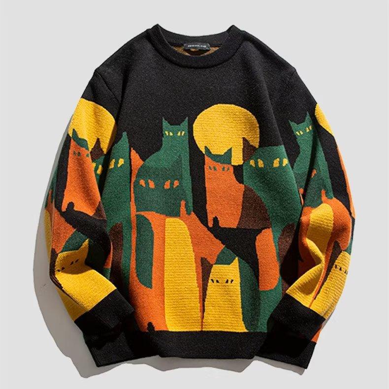 Suéter de malha de outono para homens e mulheres, inverno, harajuku, desenho animado, estampa de gato, pulôver, vintage, casual, solto, suéter, streetwear