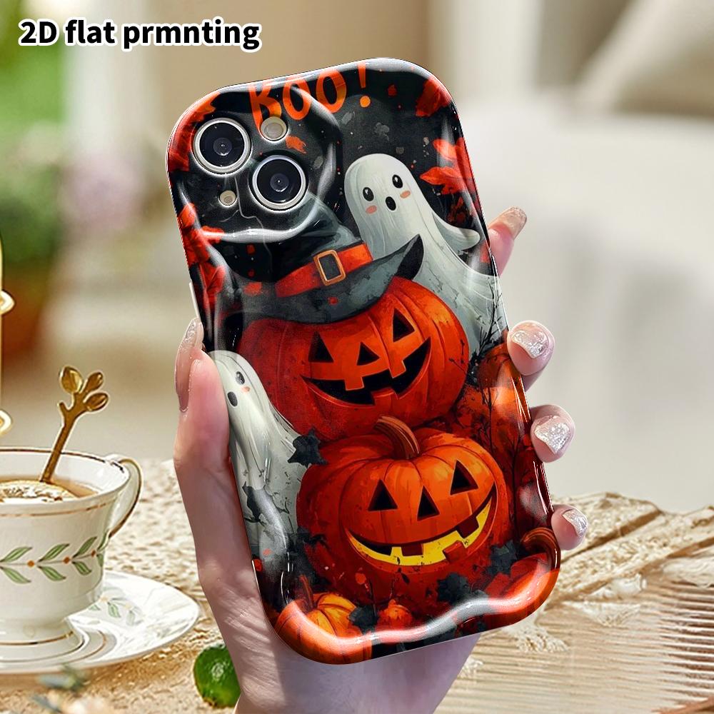 Phone Case: 2D Flat Design, Suitable for iPhone 18, 17, 16, 15, 14, 13, 12 Pro Protective Cases, Phone Decoration, Pumpkin and Two Ghosts, Halloween a