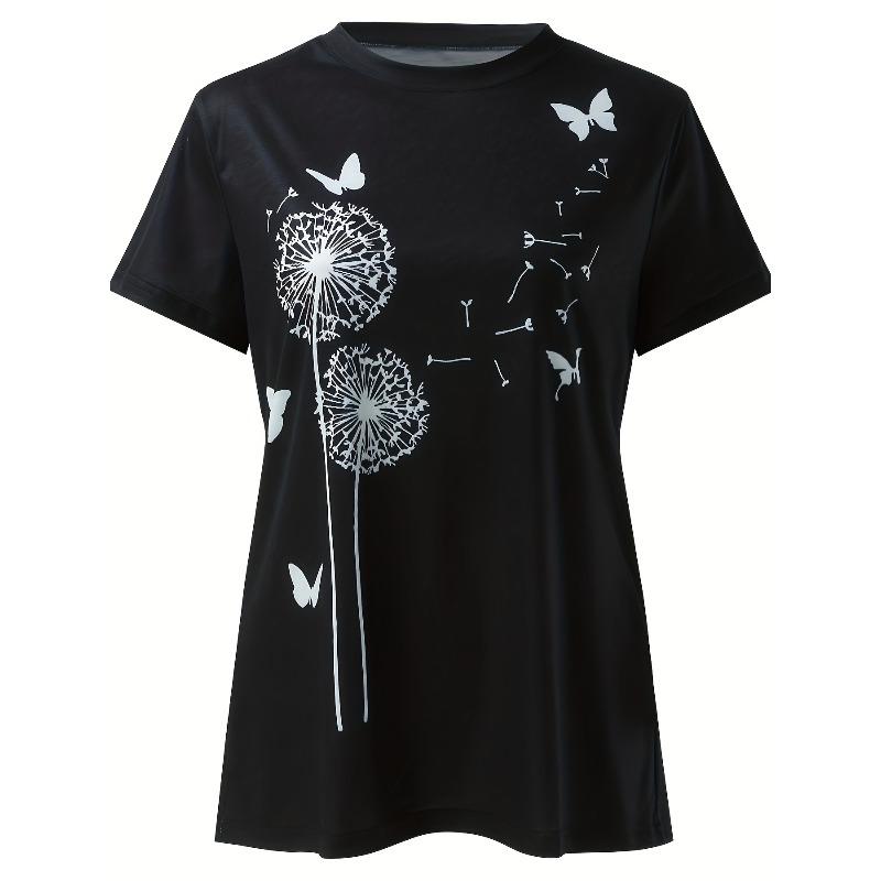 European sizes Dandelion & Butterfly Print T-Shirt, Casual Crew Neck Short Sleeve Top For Spring & Summer, Women's Clothing