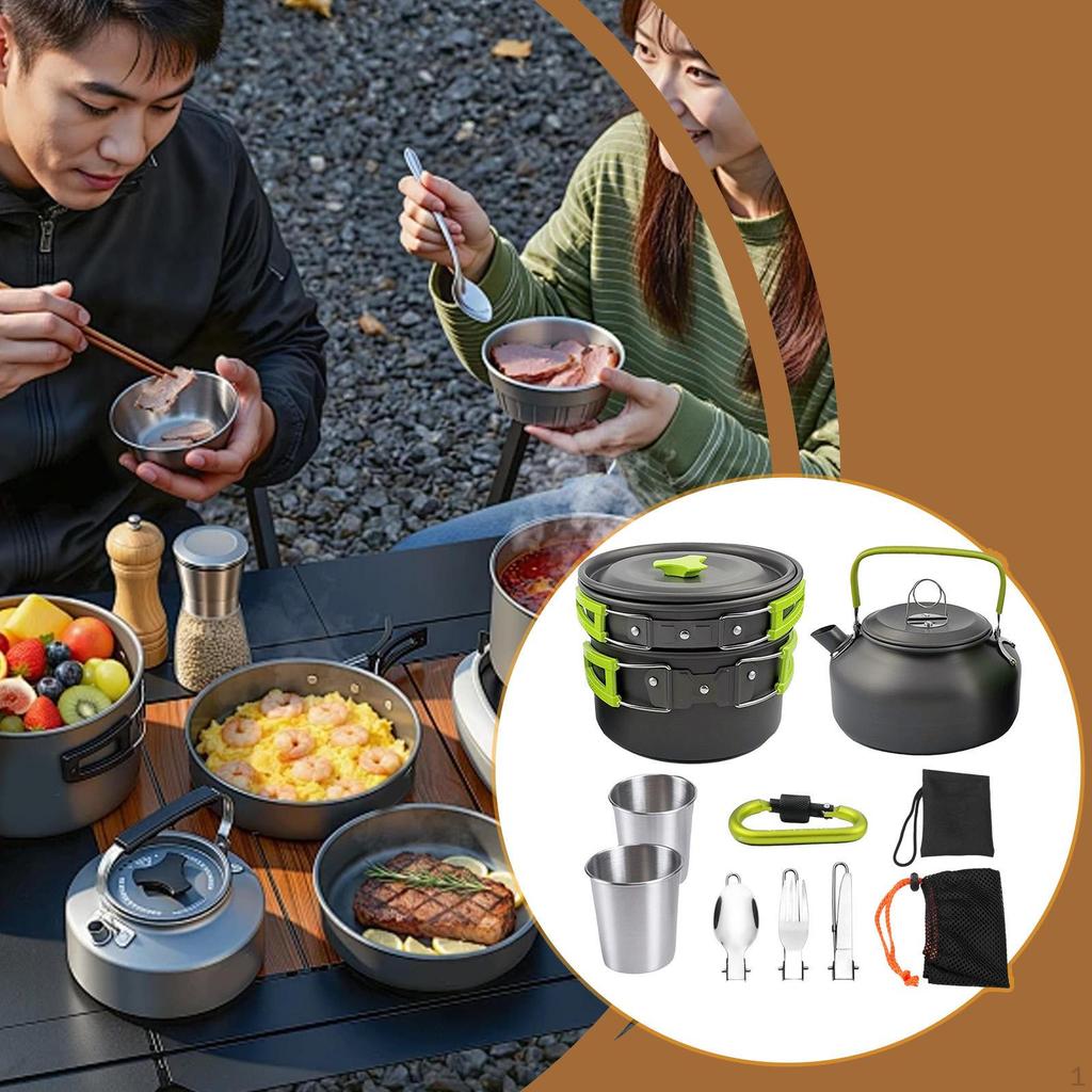 Camping Cookware Kit Cooking Set Ergonomic Pot Frying Pan Kettle for Barbecue Fishing