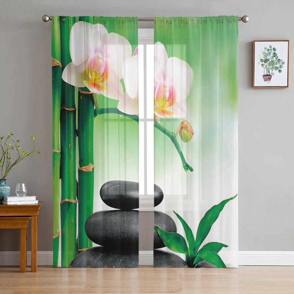 Zen Stones Orchids Flower Green Bamboo Tulle Curtains for Living Room Bedroom Decor Transparent Sheer Voile Window Curtain