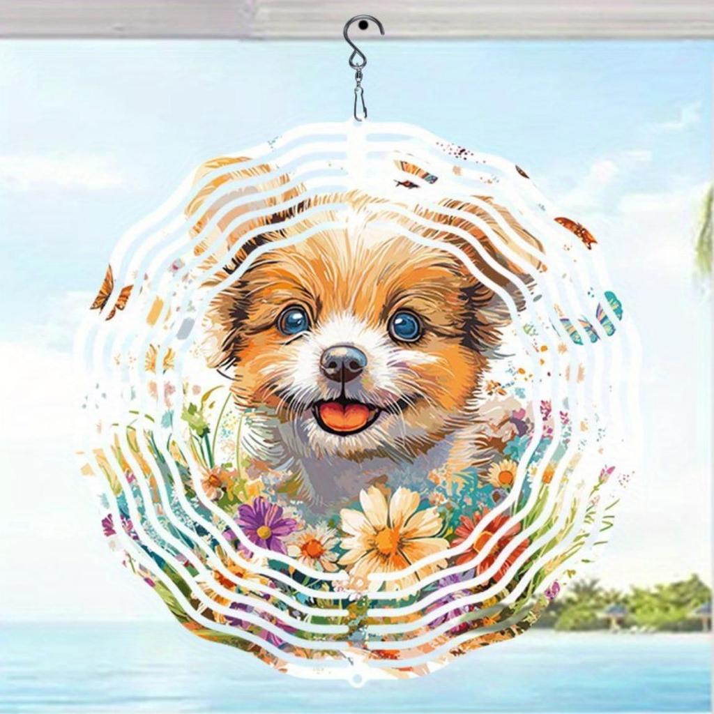 Cute Puppy 2D Kinetic Wind Chime for Outdoor Garden Decor Durable Metal Hanging Gift for Women Mom Grandma Wife Floral Accents Intricate