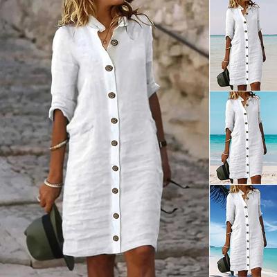 Sommer Baumwolle Leinen Hemd Kleid Frauen Taste Halbe Hülse Casual Mini Kleider Frauen Elegante Lose Strand Party Kleider Vestidos