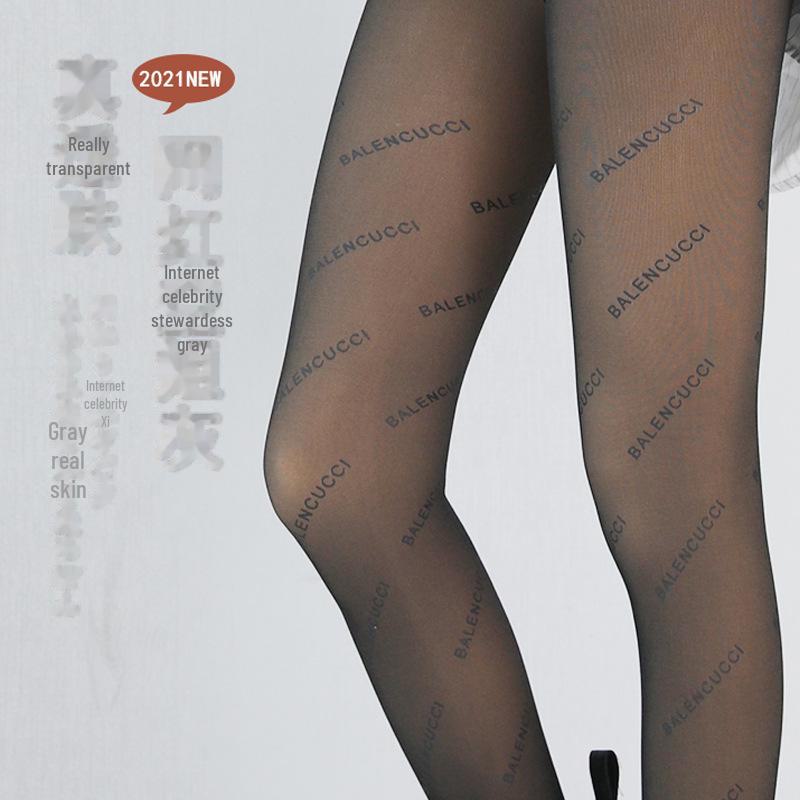 2024 Czarne jedwabne pończochy z napisami: Przezroczyste, pogrubione, plus aksamitne legginsy odsłaniające gołe nogi na jesień/zimę.