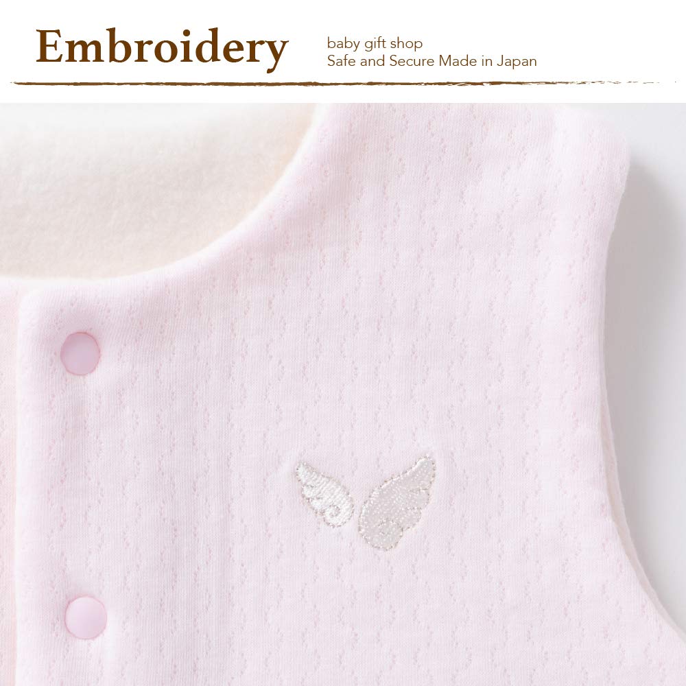 Cream de Coco Double-Faced Vest with Angel Wing Embroidery and Fleece Lining, for Newborns and Babies, Sizes 50-70cm, Made in Japan (Pink)