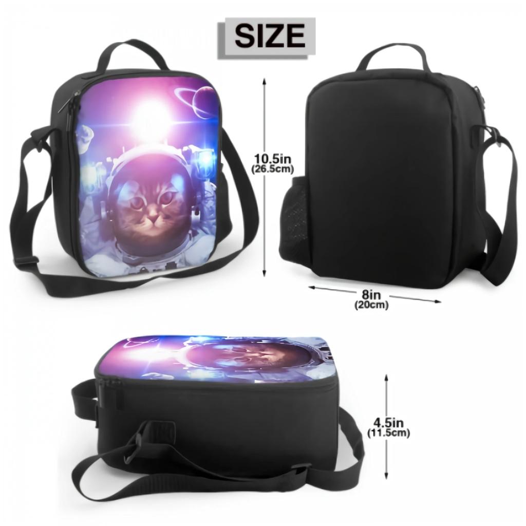 Cat Astronaut Insulated Lunch Box for Girls Boys Leakproof Portable Lunch Bag with Adjustable Shoulder Strap Reusable Cooler Bag