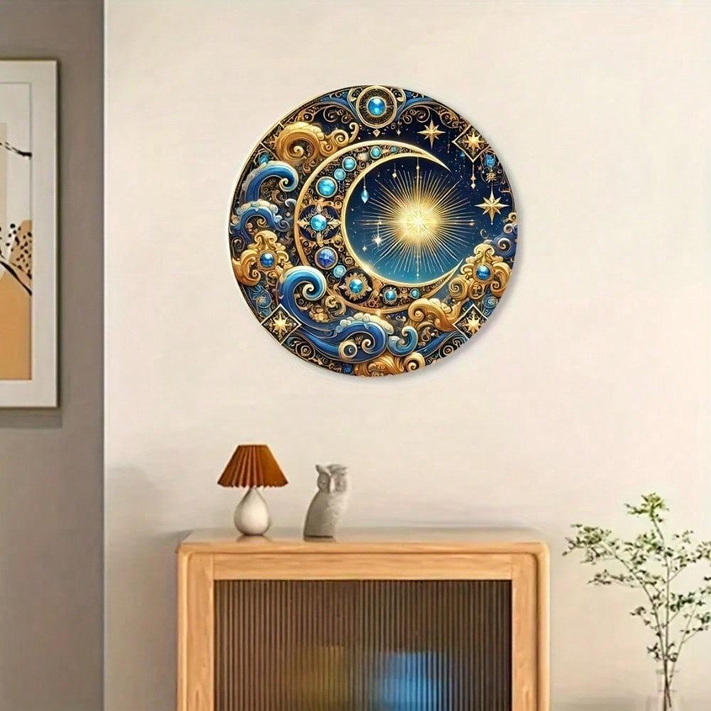 Vintage Metal Wall Poster Gold Moon Stars 8 Inch Round for Living Room