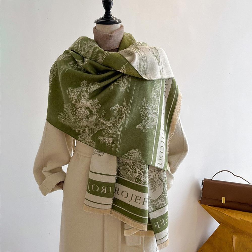 Jacquard landscape painting imitation cashmere scarf for women's office air-conditioned room thick and warm long trendy scarf