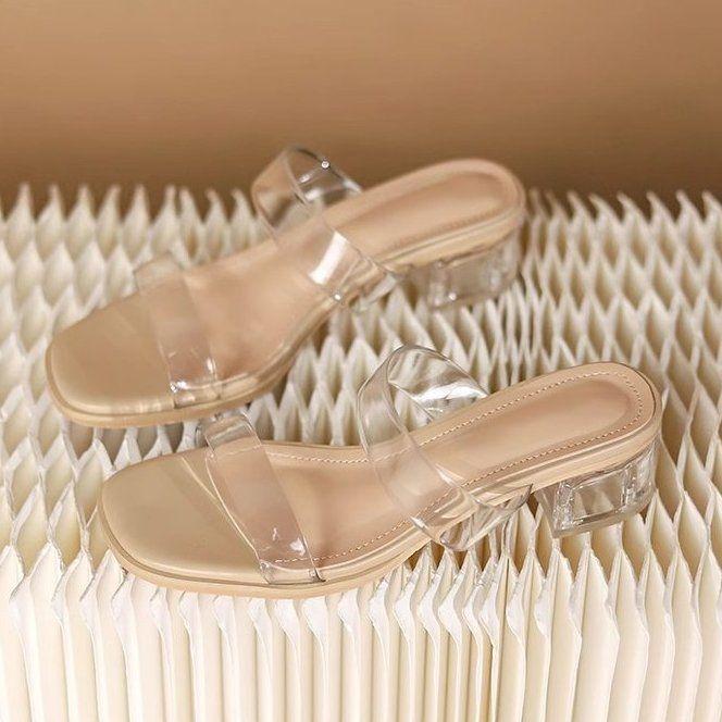 Transparent Sandals Women 2025 Summer New Middle Heel Thick Heel Crystal Heel Shoes Fairy Style Word with Fashion Cool Slippers