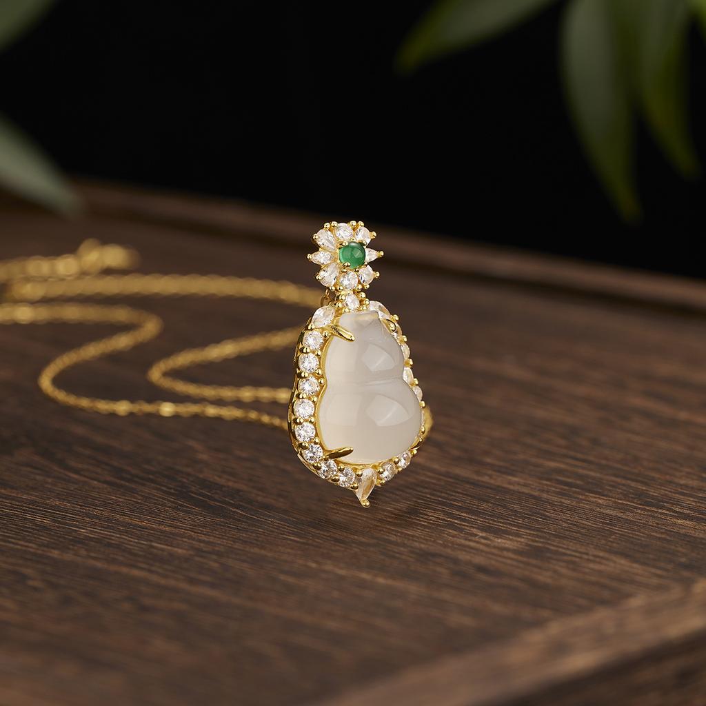 S925 Sterling Silver Natural Ice White Chalcedony Gourd Pendant Inlaid Jade Necklace Femininity Fulu Jewelry