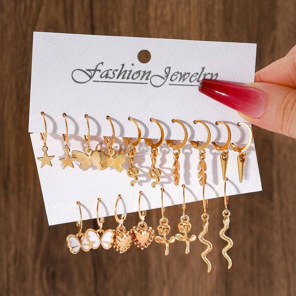 Hot-selling ins wind five-pointed star love snake butterfly rose ear buckle set simple trend earrings pair