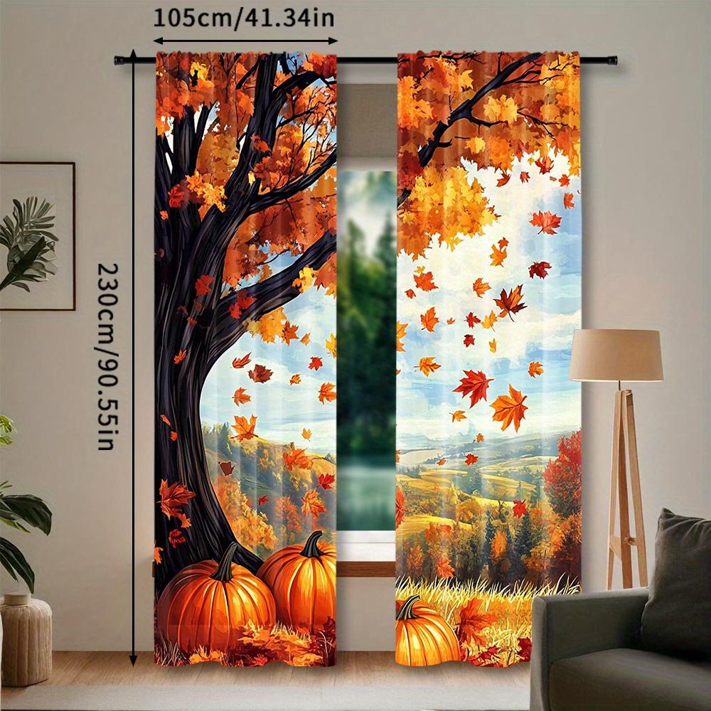 2pcs Autumn Pumpkin & Maple Leaf Curtains - Fall Thanksgiving Decorative Window Drapes with Vibrant Foliage Design, Rod Pocket