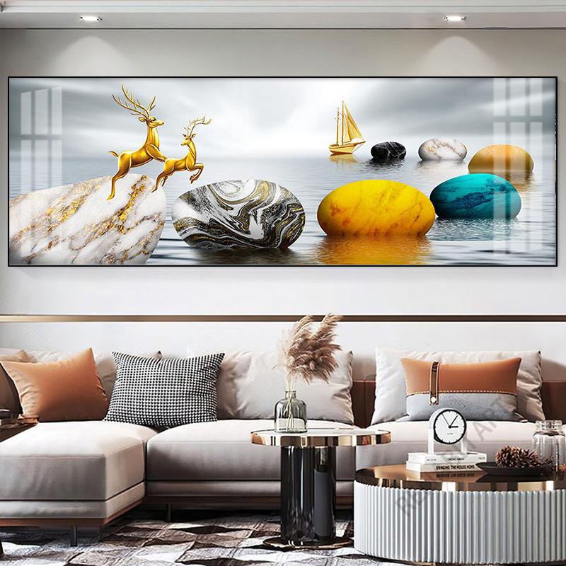 New Chinese Fengshui Golden Zen Stone Canvas Painting Wall Art Rich Tree Posters Gold Deer Prints for Living Room Home Decor