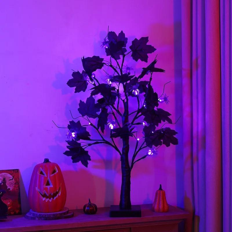 LED Purple Lighted Halloween Artificial Birch Tree Light DIY Black Branches Tabletop Lamp Spooky Home Party Festival Halloween Decor