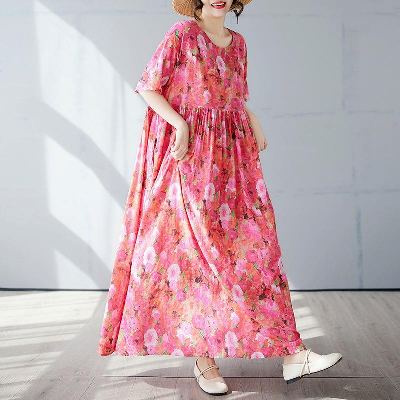 Summer New Simple Bohemian Long Dress Fattened and Enlarged Short-sleeved Crew Neck Printed Dress Women's Clothing