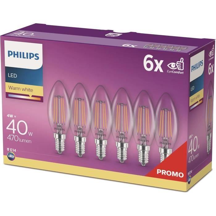 Ampoule LED - PHILIPS - E14 - Lot de 6 - 40W - Blanc Chaud - 15 000h