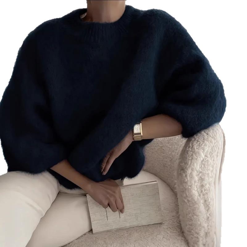 Women European Style Solid Color Loose Lazy Casual Thick Knit Sweater
