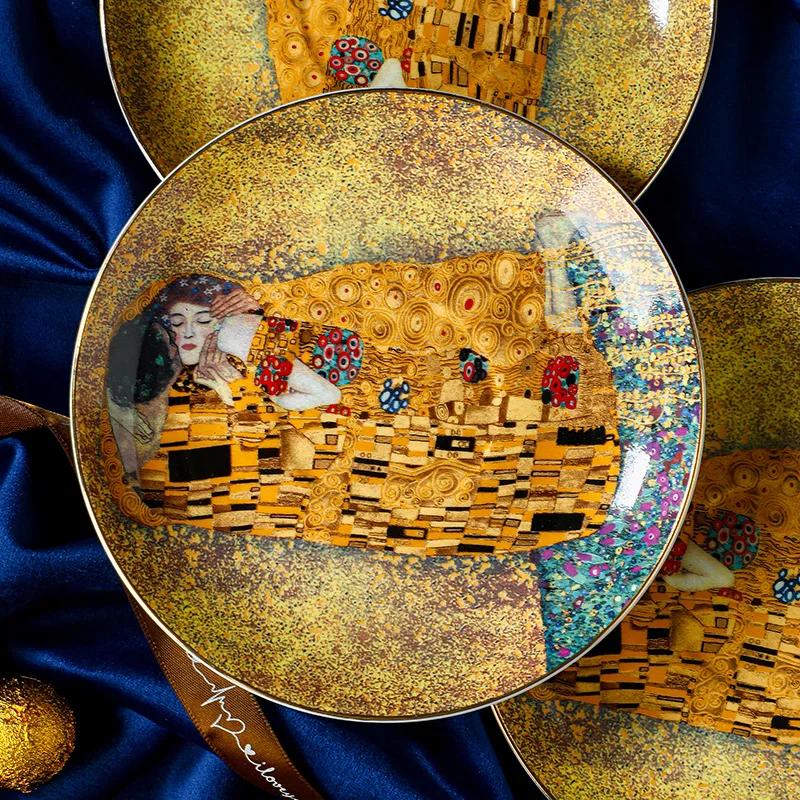 Gustav Klimt Polibek Sada Hrnků z Kostního Porcelánu se Lžičkou Prémiový Porcelán pro Svatbu Narozeninový Dárek Domácí Kancelářské Nádobí na Pití