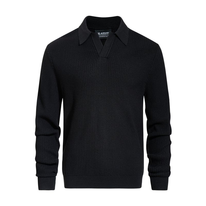 Blaexit Retro Vintage Style Black Knit Sweater for Men, Short Cleanfit Regular Shoulder Polo Collar Long Sleeve Base Layer