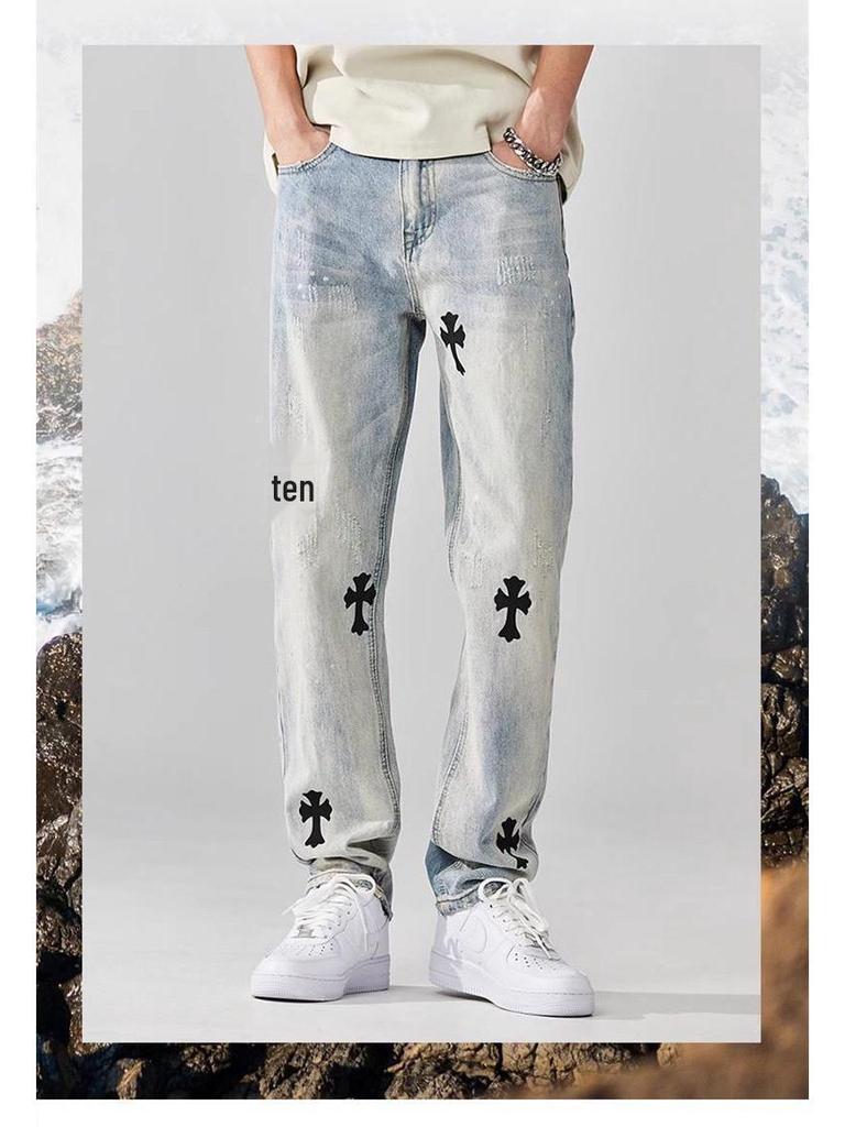 Blugi de vară pentru bărbați, cu croială largă, cu imprimeu spălat, cu picior lat